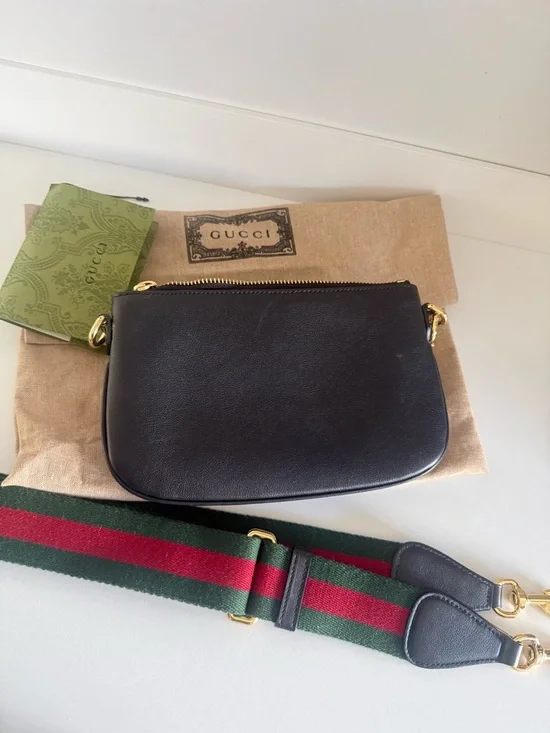 Gucci Black Leather Mini Bag with Gold Hardware and Green-Red Web Strap - Picture 6 of 7